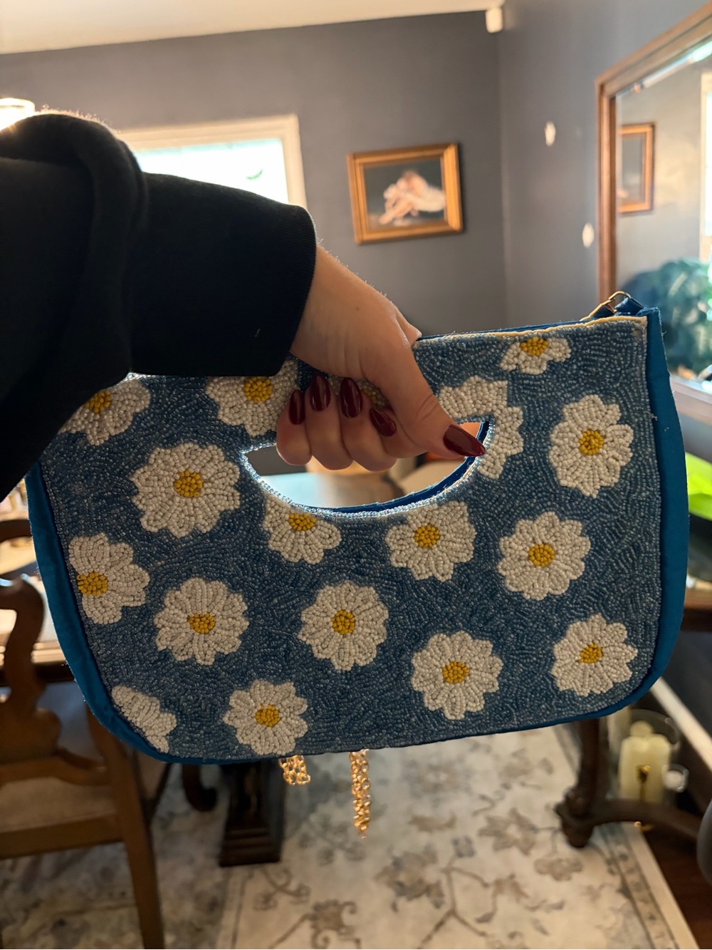 Lulu's Blue Daisy Beaded Mini Bag with Cutout Handle